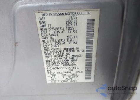 2005 Nissan Xterra Se from USA, damaged, VIN 5N1AN08W15C619951